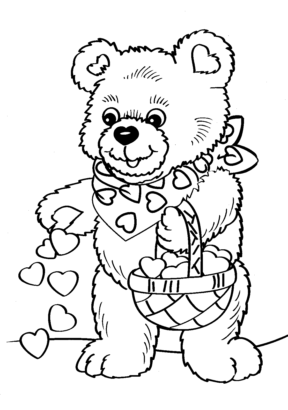 cute teddy bear with basket of hearts Valentines Day Coloring Page Printable 
