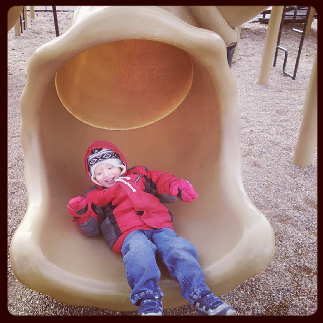 A day at the park he goes down the slide in his red jacket with moms bookshelf and more 