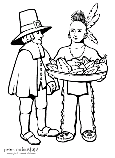 Free Pilgrim and Indian Thanksgiving Day Printable Coloring Pages