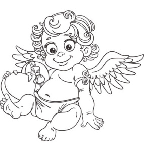 Cupid with chocolate candy hearts Valentines Day Coloring Page Printable 