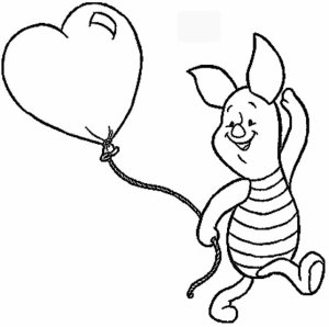Disney Piglet with balloon heart Valentines Day Coloring Page Printable 
